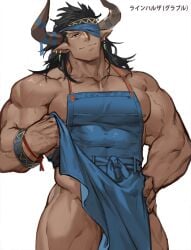 animal_ears apron apron_only balls bara cow_ears draph gomtang granblue_fantasy horns male male_only muscles muscular penis reinhardtzar solo solo_male