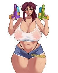 1girls black_lagoon breasts female female_focus female_only jakuson_z large_breasts looking_at_viewer midriff revy see-through solo thick_thighs thighs water_gun wet white_background wide_hips