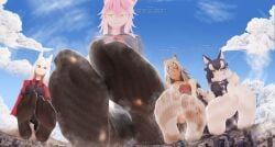 4girls black_hair brown_eyes cerberus_(helltaker) city demon demon_girl dog_ears dog_girl feet female female_only foot_fetish ghislaine_dedoldia giantess grey_wolf_(kemono_friends) heavydino helltaker heterochromia kemono_friends long_hair mushoku_tensei pink_hair red_eyes socks tagme white_hair whygts wolf_ears wolf_girl yellow_eyes