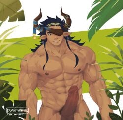 animal_ears balls bara boner cow_ears draph erection granblue_fantasy horns male male_only muscles muscular nude penis reinhardtzar solo solo_male zagghov