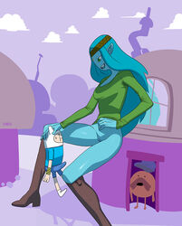 1girls 2boys adventure_time bear_hood blue_hair blue_shirt blue_shorts blue_skin boots bulge canyon_(adventure_time) cartoon_network caught cloud day daytime dress_lift erection_under_clothes eye_contact female finn_the_human giantess green_eyes headband house larger_female lifted_by_self long_hair macro male medium_breasts moyse mustache no_panties outdoors pointy_ears public_exposure pussy self_exposure size_difference smile source_request starchy_(adventure_time) sweatdrop t-shirt uncensored year_request