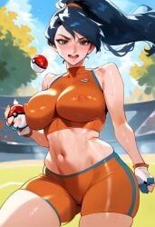 2d ai_generated battle_girl_(pokemon) bike_shorts female female_focus female_only human_only pokeball pokemon ponytail skin_tight solo solo_female solo_focus sports_bra tagme