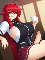 1futa ahoge ai_generated altra_x big_breasts big_penis blue_eyes cup dutch_angle erection high_school_dxd holding_object huge_breasts long_hair looking_at_viewer precum red_hair rias_gremory school_uniform sideboob sitting skirt smile smirk