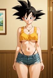 ai_generated crop_top dragon_ball female_goku genderswap_(mtf) goku rule_63 shorts solo_female son_goku thong_straps underboob