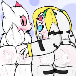 anthro ass ass_grab beramsic_(artist) blue_background blush butt_squeeze cum cum_on_ass cum_on_leg duo female female_focus female_only fur hand_on_ass legendary_pokemon looking_at_viewer looking_back nintendo open_mouth pokemon pokemon_(species) regigigas simple_background white_fur wide_eyed zangoose