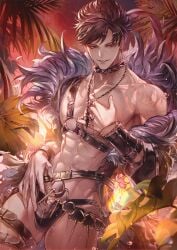 1boy abs almost_naked belial_(granblue_fantasy) fhjutqbyjggvvro garter_straps grabbing_own_breast granblue_fantasy male male_only red_eyes small_waist speedo spiked_collar sweat swimsuit tagme zipper