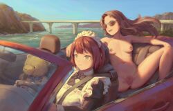 2girls bigrbear blue_sky boat clothed_female_nude_female completely_nude day highres human_only long_hair maid multiple_girls nipples nude original outdoors sky uncensored watercraft