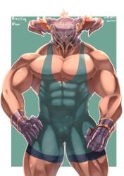 animal_ears balls bara bulge cow_ears draph flaccid granblue_fantasy horns male male_only muscles muscular penis seitora solo solo_male vaseraga