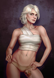 1girls 2015 abs bandages cd_projekt_red ciri facial_scar female female_only green_eyes highres light-skinned_female light_skin navel panties scar short_hair solo solo_female standing tattoo the_witcher_(series) the_witcher_3:_wild_hunt white_hair ynorka