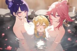 3girls ai_generated bath blonde_hair breasts female female_only fox_ears fox_girl genshin_impact large_breasts lumine_(genshin_impact) onsen pink_hair purple_hair raiden_shogun towel water yae_miko