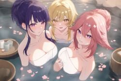 3girls ai_generated bath blonde_hair breasts female female_only fox_ears fox_girl genshin_impact large_breasts lumine_(genshin_impact) onsen pink_hair purple_hair raiden_shogun towel water yae_miko