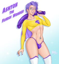 ashton bulge cape dildo dildo_bat femboy ninjaoi purple_hair solo superhero trap