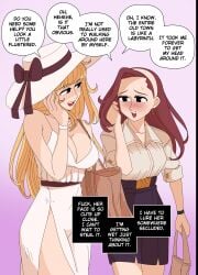 1girls bare_shoulders big_breasts blonde_female blonde_hair breasts cleavage comic disguise ellie_(impunderneath) ellie_skinsuit english_text female impersonation imposter impunderneath long_hair low_cut_top original original_character page_26 possessed possession story white_dress