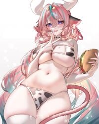 bikini bikini_bottom bikini_top chubby chubby_female cow_bikini cow_girl cow_horns cow_print cow_tail genshin_impact horn horns hoyoverse ringeko_chan underwear varesa_(genshin_impact)