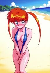 ai_generated beach bikini blue_eyes blue_one-piece_swimsuit blue_sky blush breasts clavicle cleavage clothing cloud covering covering_crotch day embarrassed female female_only groin hair_bobbles hair_ornament inaba_kyouko jigoku_sensei_nube kyoko_inaba large_breasts long_hair looking_at_viewer medium_breasts navel ocean one-piece_swimsuit orange_hair outdoors ponytail red_hair sand shounen_jump sky solo sweat swimsuit thighs tied_hair twintails v_arms water wet