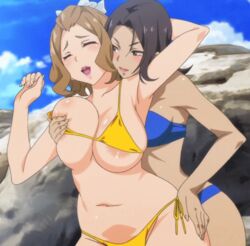 2girls animated animated_gif areola_slip areolae arms_(studio) ass beach big_breasts bikini black_hair blush breasts brown_eyes brown_hair closed_eyes female groping hair_ribbon huge_breasts kaneko_hiraku kouzuki_(valkyrie_drive) kouzuki_momoko large_breasts miyasato_(valkyrie_drive) multiple_girls navel open_mouth plump screencap screenshot smile stitched swimsuit thighs valkyrie_drive valkyrie_drive_-mermaid- wide_hips yellow_bikini yuri