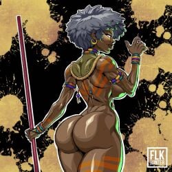 1girls african african_female ass big_ass big_breasts body_markings bodypaint breasts dark-skinned_female dark_skin earrings female flkhunter grey_hair huge_breasts solo staff