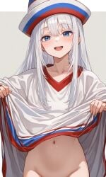 1girls ai_generated andava_(style) blue_eyes bottomless clothes_lift hakata-san hat implied_bottomless kosine1777 naked_poncho no_panties original out-of-frame_censoring poncho poncho_only sailor_hat white_hair