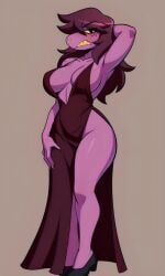 1girl aged_up ai_generated black_heels busty curvy dark_red_dress deltarune dress female female_only heels large_breasts long_hair messy_hair monster monster_girl pixai purple_skin sharp_fingernails sharp_teeth simple_background solo susie_(deltarune) undertale_(series) yellow_body yellow_teeth