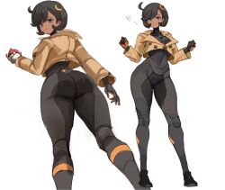 ahoge ass black_bodysuit black_hair bodysuit breasts bubble_butt covered_navel cowboy_shot cropped_jacket curvy dark-skinned_female dark_skin emma_(pokemon) emma_(pokemon_legends:_z-a) female female_only game_freak jacket looking_at_viewer matiere_(pokemon) matiere_(pokemon_legends:_z-a) medium_breasts multiple_views nintendo parted_lips pokemon pokemon_legends:_z-a purple_eyes rakeemspoon short_hair simple_background skin_tight thighs tomboyish white_background wide_hips yellow_jacket