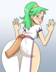 against_wall ass bent_over blush buttjob chinadress chinese_clothes circlet clothed_sex covered_buttjob cum cum_on_ass cum_on_clothes earrings female green_eyes green_hair huge_ass long_hair looking_back lufia lufia_3 melphis nail_polish naughty_face penis ponytail princess shamefuldisplay straight thighs tied_hair