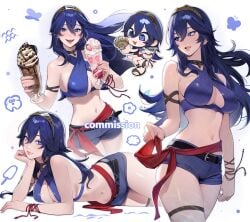 1girls :3 alternate_costume belt belt_buckle bikini black_belt blue_bikini blue_eyes blue_hair blue_shorts breasts buckle chibi commentary commission english_commentary female fire_emblem fire_emblem_awakening floating_hair grin hair_between_eyes head_rest holding holding_seashell large_breasts lavelis lips long_blue_hair long_hair looking_at_viewer lucina_(fire_emblem) medium_breasts navel nintendo pink_lips sandals seashell second-party_source shell short_shorts shorts skindentation smile stomach swimsuit thick_thighs thighs tiara white_background