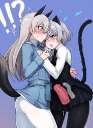 ! 1boy 2girls :< animal_ears aqua_eyes ass black_legwear black_skirt blush cat_ears cat_tail clothing cum cum_drip eila_ilmatar_juutilainen female fox_ears fox_tail heart heavy_breathing long_hair long_sleeves looking_at_another male military military_uniform miniskirt multiple_girls null_(nyanpyoun) pantyhose penis purple_background purple_eyes pussy remote_transfer sanya_v_litvyak short_hair silver_hair skirt straight strike_witches surprised sweat tail uncensored uniform white_legwear x-ray