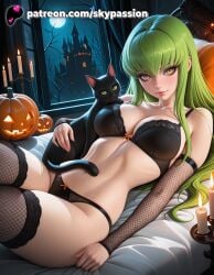 1girls 2025 ai_assisted ai_generated anime artist_name bat black_bra black_cat bow bra breasts bust c.c. code_geass explicit feline female fishnet_bodysuit fishnet_gloves fishnet_legwear fishnets green_hair halloween halloween_bucket happy_halloween hi_res high_quality high_resolution highres jack-o'-lantern long_hair looking_at_viewer lying moon night panties patreon patreon_username pumpkin skypassion stable_diffusion thighhighs underwear watermark yellow_eyes