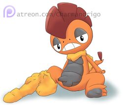 balls black_belly charmandrigo flaccid male male_only mohawk nintendo orange_body patreon penis pokemon scrafty simple_background sitting solo teeth uncut video_games