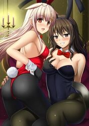 2girls :d alternate_costume animal_ears arm ashigara_(kantai_collection) ass ass_grab back bare_arms bare_shoulders between_legs black_eyes black_gloves black_hair black_legwear blonde_hair blush bow bowtie breast_grab breasts brown_eyes brown_hair bunny_ears bunny_girl bunny_tail bunnysuit burning_candles candelabra candles clenched_teeth couch detached_collar fake_animal_ears fangs female fishnet_pantyhose fishnets gloves gradient_hair grin hair_between_eyes hair_flaps hairbow hairclip hand_on_hip highres kantai_collection kneeling large_breasts leotard long_hair looking_at_viewer looking_back lying_on_person multicolored_hair multiple_girls mutual_yuri naughty_face off_shoulder open_mouth pantyhose red_eyes red_hair shibata_rai sideboob sitting slit_pupils smile sofa strapless teeth tray wavy_hair wrist_cuffs yuri yuudachi_(kantai_collection)