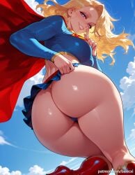 1girls ai_generated ass ass_focus balecxi big_breasts blonde_hair blue_eyes blue_sky boots breasts cloud crop_top day dc dc_comics female female_only grin huge_ass kara_zor-el large_breasts light-skinned_female long_hair looking_at_viewer panties red_cape skirt smile solo supergirl supergirl_(series) superman_(series) thighs underwear