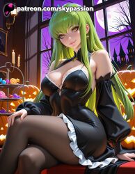 1girls 2025 ai_assisted ai_generated anime artist_name bare_tree bat breasts bust c.c. candy code_geass crossed_legs earrings female food green_hair halloween halloween_bucket happy_halloween hi_res high_quality high_resolution highres indoors jack-o'-lantern jewelry long_hair looking_at_viewer moon night pantyhose patreon patreon_username pumpkin sitting skypassion smile solo stable_diffusion watermark window yellow_eyes