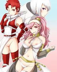 3girls arabian_clothes armor blue_hair braid breasts dancer fire_emblem fire_emblem_awakening harem_outfit kjelle_(fire_emblem) long_hair long_pink_hair mother_and_daughter multiple_girls nipple_slip nipples olivia_(fire_emblem) pelvic_curtain_aside pink_hair ponytail pussy short_hair short_red_hair short_white_hair shougayaki_(kabayaki_3) spiked_hair sully_(fire_emblem) tied_hair