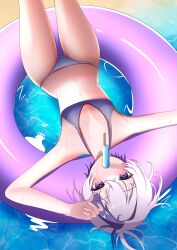 beach bikini breasts female flat_chest flat_chested looking_at_viewer pool_float popsicle popsicle_in_mouth purple_eyes sand sea small_breasts summer sweating thigh_gap thighs tomboy upside-down v_flower viewed_from_above vocaloid vocaloid_4 water white_hair