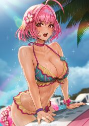 1girls afloat ahoge aqua_bikini bare_shoulders bikini blue_hair blue_sky blush breasts choker collarbone dot_nose female flower frilled_bikini frills hair_flower hair_intakes hair_ornament highres idolmaster idolmaster_cinderella_girls idolmaster_cinderella_girls_starlight_stage large_breasts light_blue_hair looking_at_viewer magion02 multicolored_hair navel official_alternate_costume open_mouth outdoors palm_tree pink_choker pink_eyes pink_hair rainbow sky solo swimsuit thighs tree two-tone_hair water wet yumemi_riamu