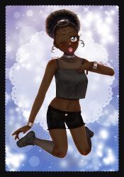 afro afro_puff anime black_female black_woman bracelets coily_hair colored_sketch crop_top curly_hair ebony ebony_female fully_clothed gijinka hand_on_chest humanization humanized_object_show knee_high_socks knee_highs kneeling metal_collar metal_hairband not_porn object_show object_shows sfw shorts slicked_back_hair socks