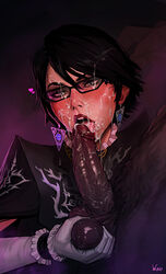 balls bayonetta bayonetta_(character) bayonetta_2 black_hair cum cum_in_mouth cum_on_face cum_on_glasses cum_on_tongue dark-skinned_male dark_skin earrings facial fellatio female glasses gloves incase interracial licking lipstick_blowjob male open_mouth oral penis runny_makeup saliva squeezing