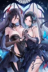 2girls asymmetrical_docking azur_lane bare_shoulders black_dress black_gloves black_hair black_veil blue_butterfly blue_hair breast_press breasts bridal_veil bug butterfly cg cleavage closed_mouth covered_navel detached_collar dress elbow_gloves female flower friedrich_der_grosse_(azur_lane) gloves hair_between_eyes hair_flower hair_ornament heart_hands heart_hands_duo horns large_breasts long_hair looking_at_viewer mechanical_horns multiple_females multiple_girls official_alternate_costume red_horns short_hair strapless strapless_dress ulrich_von_hutten_(azur_lane) veil very_long_hair wedding_dress yellow_eyes