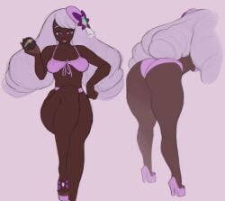 1girls ass ass_shot big_ass big_breasts bottomwear bra breasts dark-skinned_female dark_skin female female_only footwear full_body game_freak hair_ornament heels high_heel_sandals high_heels holding_object jacinthe_(pokemon) lingerie long_hair looking_at_viewer open_mouth open_toe_footwear open_toe_heels open_toe_shoes panties pink_bra pink_panties platform_heels pokeball pokemon pokemon_legends:_z-a pothosdark purple_eyes sandals smile solo thighs topwear upper_teeth very_dark_skin white_hair yukari_(pokemon)