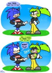 2d afrosoricid anthro areola blue_body blue_eyes blue_fur blush blush_lines bodily_fluids bottomwear breasts brown_areola brown_nipples clothing comic dialogue duo ear_piercing embarrassed english_text erection eulipotyphlan exposed_breasts female flustered fur genitals green_body green_eyes green_fur hair hedgehog hi_res idw_comics idw_publishing inner_thoughts insult insulting_another male mammal mobian mobian_(species) mobian_tenrec nipple_piercing nipples pants penis piercing ponytail presenting presenting_breasts presenting_penis quills_(anatomy) ripped_clothes ripped_clothing ripped_shirt sega sharp_teeth small_penis_humiliation smug smug_face smug_smile sonic_(series) sonic_the_hedgehog sonic_the_hedgehog_(comics) sonic_the_hedgehog_(idw) sonic_the_hedgehog_(series) speech_bubble surge_the_tenrec sweat tan_inner_ear tan_mouth teeth tenrec text theenfman thought thoughts torn_clothes torn_clothing torn_shirt yellow_bottomwear yellow_clothing yellow_pants