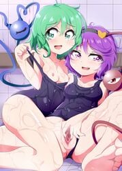 2girls bad_feet breasts bwell green_eyes green_hair hairband heart heart-shaped_pupils incest koishi_komeiji looking_at_viewer multiple_girls nipples off_shoulder open_mouth purple_eyes purple_hair pussy satori_komeiji school_swimsuit siblings sisters sitting smile spread_legs spread_pussy swimsuit swimsuit_aside swimsuit_pull symbol-shaped_pupils third_eye touhou wet