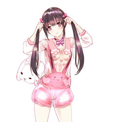 black_hair blush female long_hair looking_at_viewer nipple_piercing nipple_rings nipples piercing purple_eyes pussy q_azieru see-through small_breasts smile solo tied_hair twintails uncensored