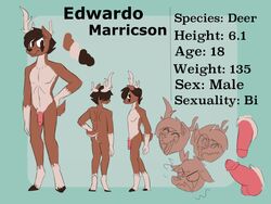 1boy antlers broken_antler brown_fur brown_hair cervine deer edwardo_marricson erection fur furry furry_only general hair horn jaycob_(artist) knot male male_only mammal model_sheet simple_background teenager testicles text white_fur young