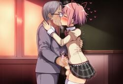 1boy1futa afternoon ai_generated balls blackboard classroom closed_eyes cum cum_on_hand female futa_on_male futanari glasses gray_hair hair_ribbon hand_on_another's_back handjob handjob_while_kissing heart intersex kaname_madoka madoka_kaname male mitakihara_school_uniform old_man penis pink_hair puella_magi_madoka_magica school_uniform suit teacher teacher_and_student testicles window windows