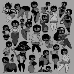 ass breasts curvy different_angles different_outfits female gigi_(movailarts) goth goth_girl mob_face monochrome movailarts of tagme white_eyes