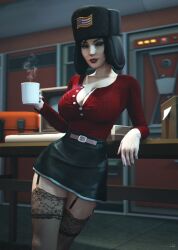 3d american_flag big_breasts bioshock bioshock_infinite black_hair blue_eyes breasts busty cleavage coffee coffee_mug elizabeth_comstock eyeshadow female female_focus female_only flag garter_straps hat hourglass_figure legwear lipstick makeup mascara miniskirt nail_polish nylons pale-skinned_female pale_skin shirt skirt stockings tagme united_states_of_america wide_hips wildynsfw