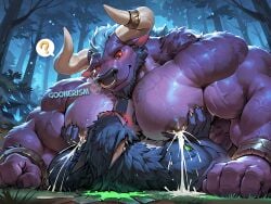 2boys ai_art ai_generated alistar anthro bara bara_tiddies bara_tits between_pectorals biceps big_muscles big_pecs black_eyes blue_hair blue_skin blush bovid bovine breasts bull canid canine cattle clawed_fingers confusion cow_ears duo ear_piercing embarrassed facial_hair fluffy forest fur furry gay glowing glowing_eyes goonerism ground head_between_pecs horn horn_ring horns huge_muscles interspecies lactation league_of_legends long_ears lying male male/male male_lactation milk muscles muscular muscular_male nipples nose_ring on_back on_ground on_top outdoors patreon pec_grab pec_grasp pec_squeeze pecs pectoral_grab pinned pointy_ears purple_skin question_mark red_sclera riot_games self_upload shackles size_difference smile suffocation veiny_muscles visible_breath warwick watermark wolf wrist_cuffs yaoi