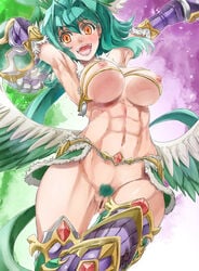 abs aqua_hair armpits arms_up breast_rest breasts censored female gauntlets hair_intakes nipples open_mouth orange_eyes pubic_hair pussy puzzle_&_dragons reuel_(p&d) short_hair smile solo wings yohane