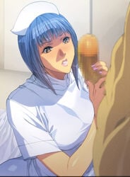 1boy blue_hair brown_eyes censored female hat highres homare_(fool's_art) imminent_sex lips nurse nurse_cap penis penis_grab short_hair straight