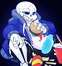 black_background blue_eyes blue_penis bone burger chubby eating_food ectopenis elatedsceptre food french_fries glowing glowing_penis hamburger male male_only meta_request nerfocalypse penis penis_out sans sans_blue_penis sans_glowing_eye simple_background sitting skeleton solo undertale video_games